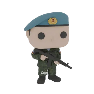 3D model of a Russian VDV paratrooper in a Funko Pop style, wearing a blue beret and camouflage uniform, holding a rifle.