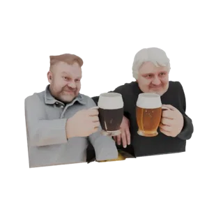 3D model of two men, one with blonde hair and one with brown hair, smiling and toasting with large mugs of beer.