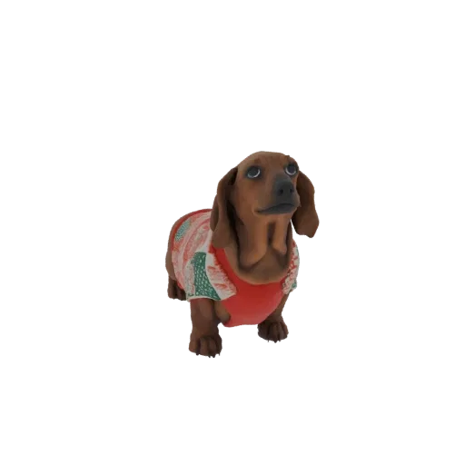 3D модель коричневой таксы в красно-зеленом праздничном свитере, смотрящей вверх.