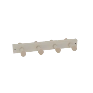 3D модель минималистичной белой деревянной вешалки для одежды с пятью круглыми крючками, показанная на белом фоне.
