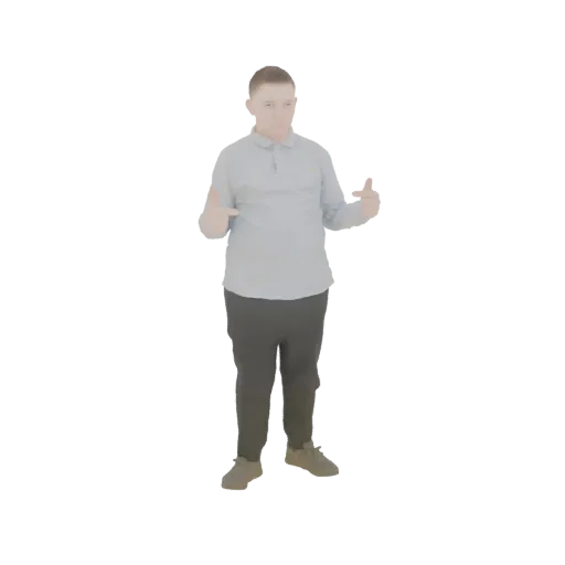 3D модель молодого человека с короткими волосами, в светло-голубой рубашке-поло и серых брюках, указывающего обоими указатель