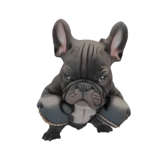 3D модель французского бульдога в синих боксерских перчатках, в игривой позе, на белом фоне.