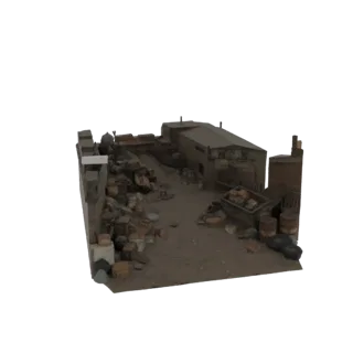 3D модель индустриального двора пустоши с обломками, бочками и обветшалым зданием.