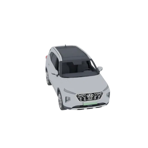 3D модель белого кроссовера Hyundai Santa Fe 2020 года, вид спереди и сбоку, на белом фоне.