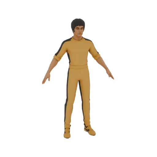 3D модель Брюса Ли в его культовом желтом костюме, стоящего с слегка раскинутыми руками.
