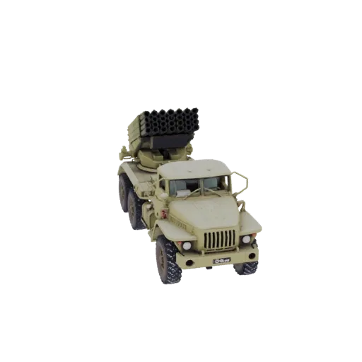3D модель РСЗО БМ-21 Град в военном песочном цвете с множеством ракетных труб.
