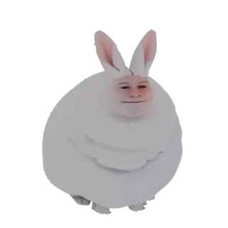 3D модель круглого белого кролика-существа с большими ушами и человеческим лицом, стоящего на маленьких лапках.