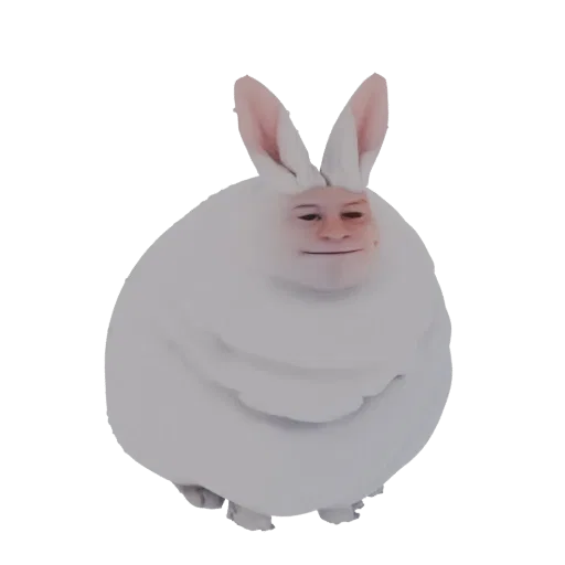 3D модель круглого белого кролика-существа с большими ушами и человеческим лицом, стоящего на маленьких лапках.