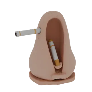 A 3D render of a light-skinned, nose-shaped cigarette holder with two white and gold cigarettes inserted into it.