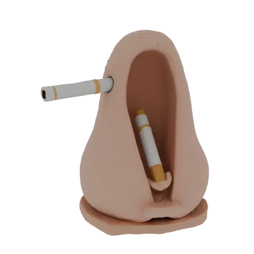 A 3D render of a light-skinned, nose-shaped cigarette holder with two white and gold cigarettes inserted into it.