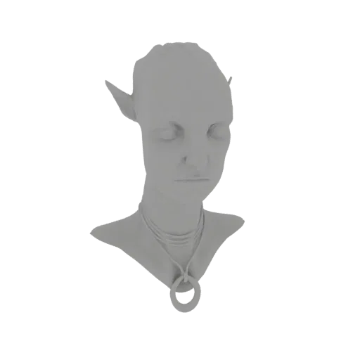 3D model of an Avatar-inspired elf bust with pointed ears and a pendant necklace, rendered in a neutral gray.