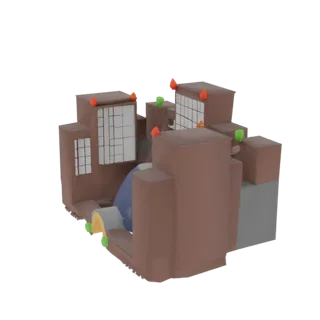 3D модель футуристического заводского комплекса с коричневыми зданиями, белыми окнами-сетками и оранжево-зелеными акцентами.