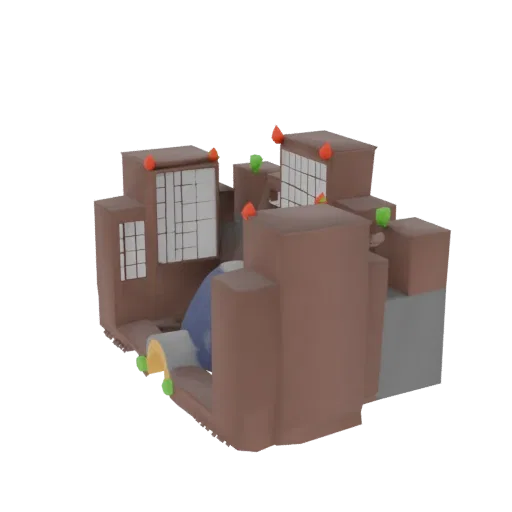 3D модель футуристического заводского комплекса с коричневыми зданиями, белыми окнами-сетками и оранжево-зелеными акцентами.