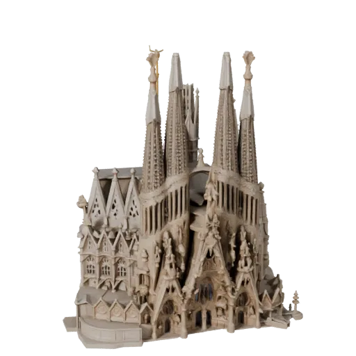 Печатная 3D модель Саграда Фамилия STL, изометрический вид, показывающий материалы структуры достопримечательности и архитект