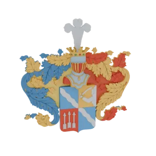 3D модель витиеватого геральдического герба с бюстом, коронованным шлемом, щитом и декоративной листвой красного, синего и же