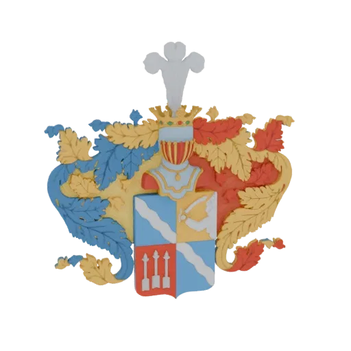 3D модель витиеватого геральдического герба с бюстом, коронованным шлемом, щитом и декоративной листвой красного, синего и же