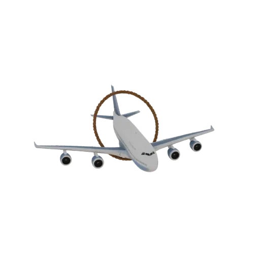 3D модель самолета Boeing 747 с коричневым кольцом, проходящим через фюзеляж и крылья