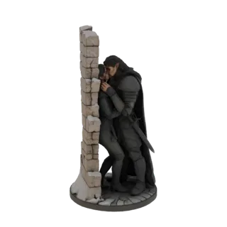 3D model of a fantasy elf warrior in armor kissing a human behind a ruined stone wall, with snow at the base.