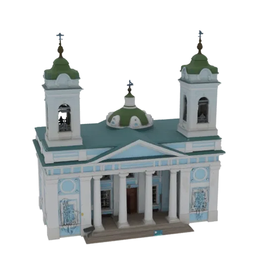 3D модель барочной церкви с белыми стенами, светло-голубой отделкой, двумя колокольнями и центральным зеленым куполом на бело