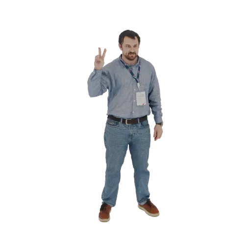 3D модель мужчины в синей рубашке и джинсах, стоящего и показывающего знак мира правой рукой.