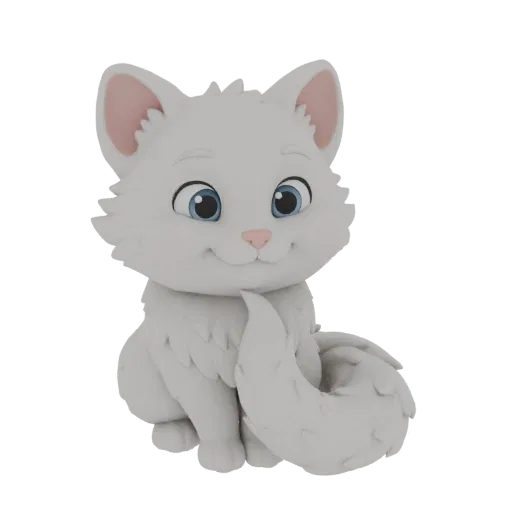3D модель милого, стилизованного белого котенка, сидящего свернувшись хвостом, с большими голубыми глазами и пушистой текстур