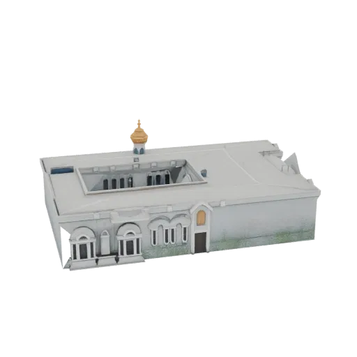 3D модель православной церкви белого цвета с золотым куполом, арочными окнами и центральным двором.