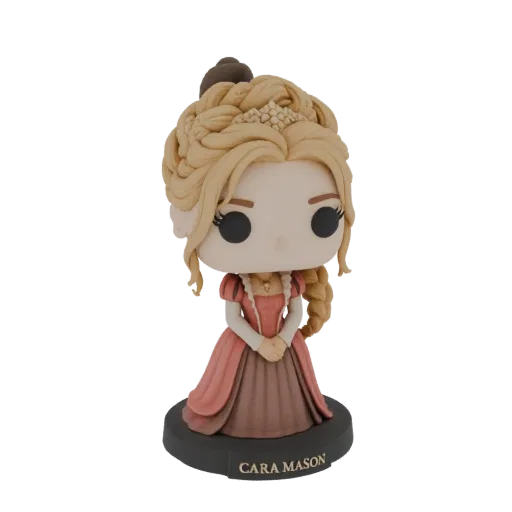 3D модель Кара Мейсон в стиле Funko Pop, со светлыми заплетенными волосами, тиарой и розовым платьем, на черной подставке.
