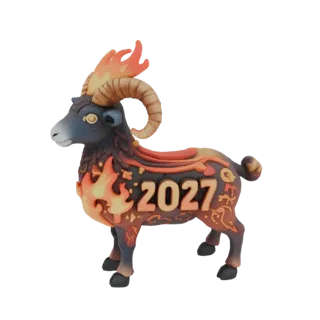 3D модель огненного козла 2027, символа года, в виде елочной игрушки с языками пламени