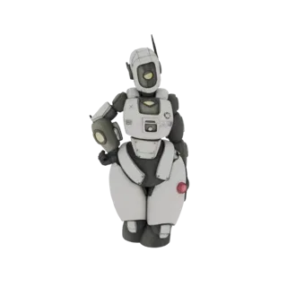 3D модель белого и серого робота с изогнутым антропоморфным дизайном, стоящего, положив одну руку на бедро.