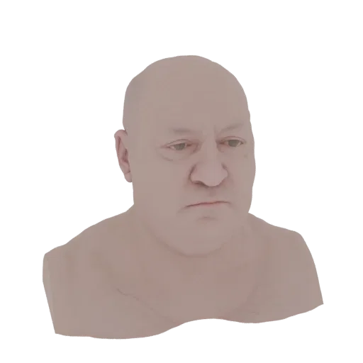 Рендер 3D модели бюста мужчины среднего возраста с нейтральным, задумчивым выражением лица на белом фоне.