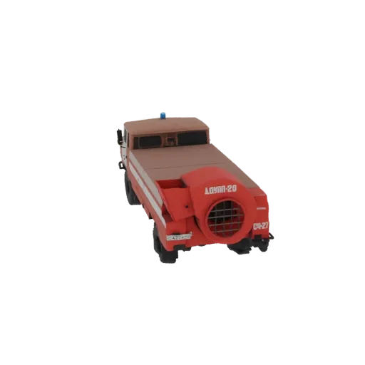 3D модель советского пожарного автомобиля с большим вентилятором сзади, вид с заднего ракурса.