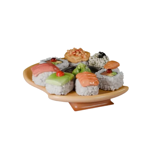 3D-модель Homestyle Sushi Set, студийный рендер продукта в три четверти, с соусами, композиция с блюдом.