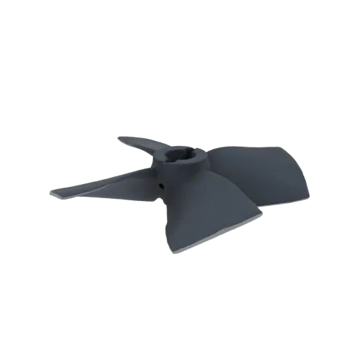 Темно-серый четырехлопастной промышленный импеллер 3D модель, показанный сбоку на белом фоне.