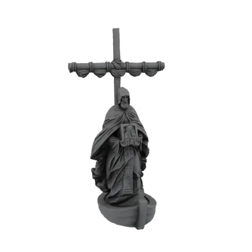 3D модель серой статуи монаха с книгой перед крестом с драпировкой.