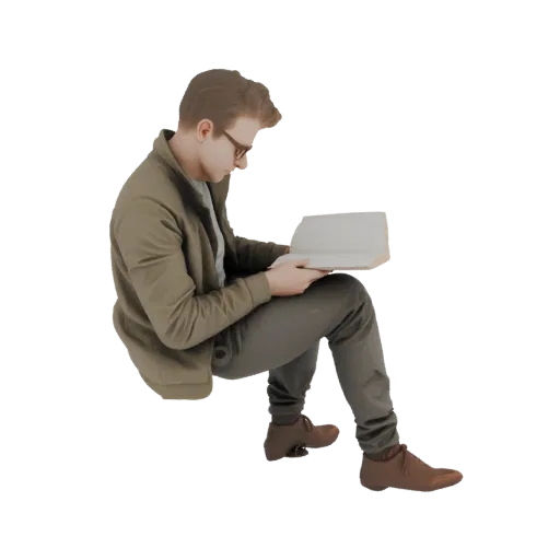 3D модель молодого человека в очках, в куртке и брюках, сидящего и читающего открытую книгу.