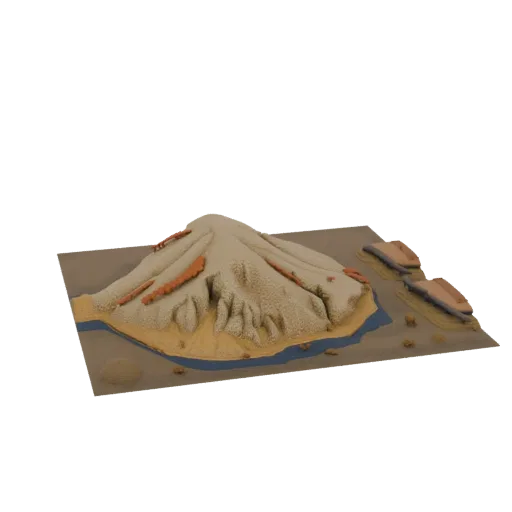 3D модель диорамы вулканической горы с рекой у подножия и скалами на склонах.