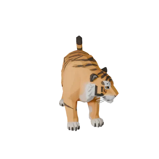 Низкополигональная 3D-модель сибирского тигра, вид сбоку в игровой камере, низкополигональная модель животного с подушечками