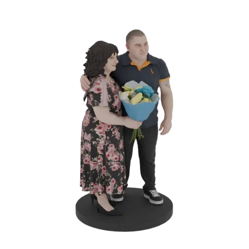 3D модель мужчины и женщины в объятиях, держащих букет разноцветных цветов, стоящих на круглой подставке.