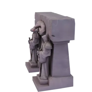 3D модель древних каменных ворот с двумя статуями-хранителями и большой головой змеи над входом.