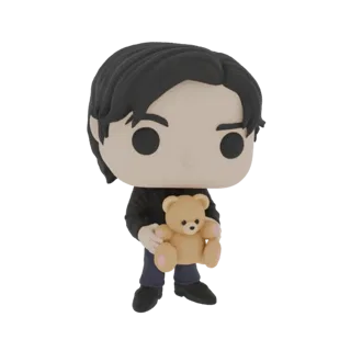 3D-модель стилизованного аниме-мальчика в стиле Funko Pop, одетого в черную толстовку и синие штаны, держащего светло-коричне