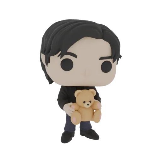3D-модель стилизованного аниме-мальчика в стиле Funko Pop, одетого в черную толстовку и синие штаны, держащего светло-коричне