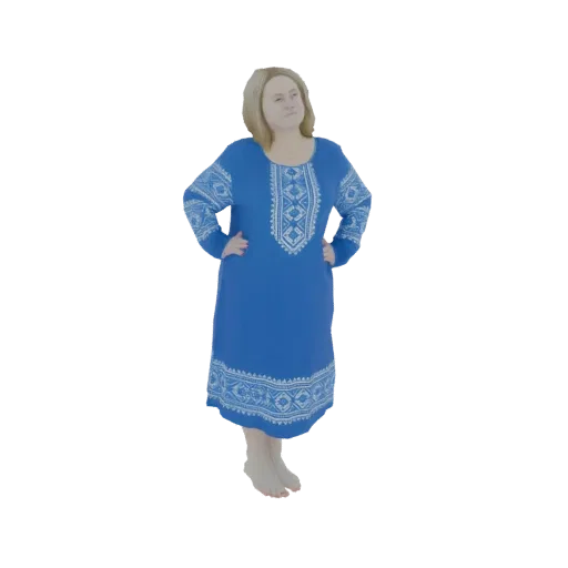 3D модель женщины, стоящей с руками на бедрах, в синем платье с белой вышивкой.