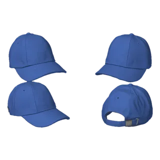 3D модель голубой бейсболки, показанная с разных ракурсов на черном фоне.