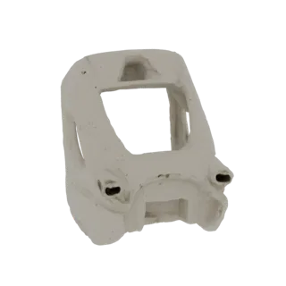 3D-рендер стилизованной, светлоокрашенной передней части поезда с темными фарами на черном фоне.