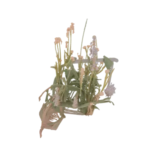 3D модель миниатюрной цветочной композиции с пастельными цветами и деревенской решеткой на белом фоне.