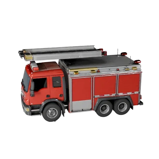 3D-модель пожарной машины, вид в три четверти в студии, готовый для Blender ассет автомобиля с рабочей массой, обслуживаемым