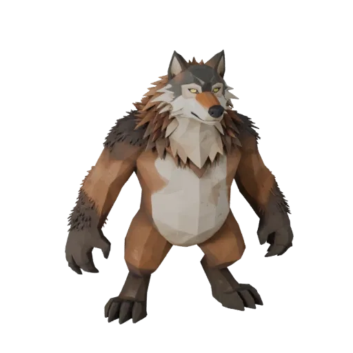 3D модель волка Low Poly, вид сбоку в игровой камере, низкополигональный ассет животного с направлением шерсти, объемом груди