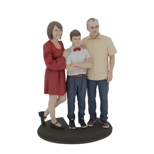3D-модель семьи из трех человек: мать в красном платье, отец в желтой рубашке и сын в белой рубашке с красным галстуком-бабочкой, стоящие на круглой подставке.