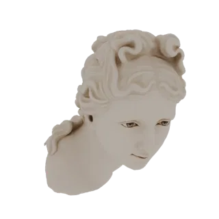 3D модель классического мраморного бюста молодой женщины с пышными локонами и взглядом вниз.