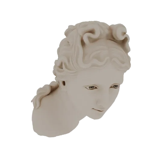 3D модель классического мраморного бюста молодой женщины с пышными локонами и взглядом вниз.